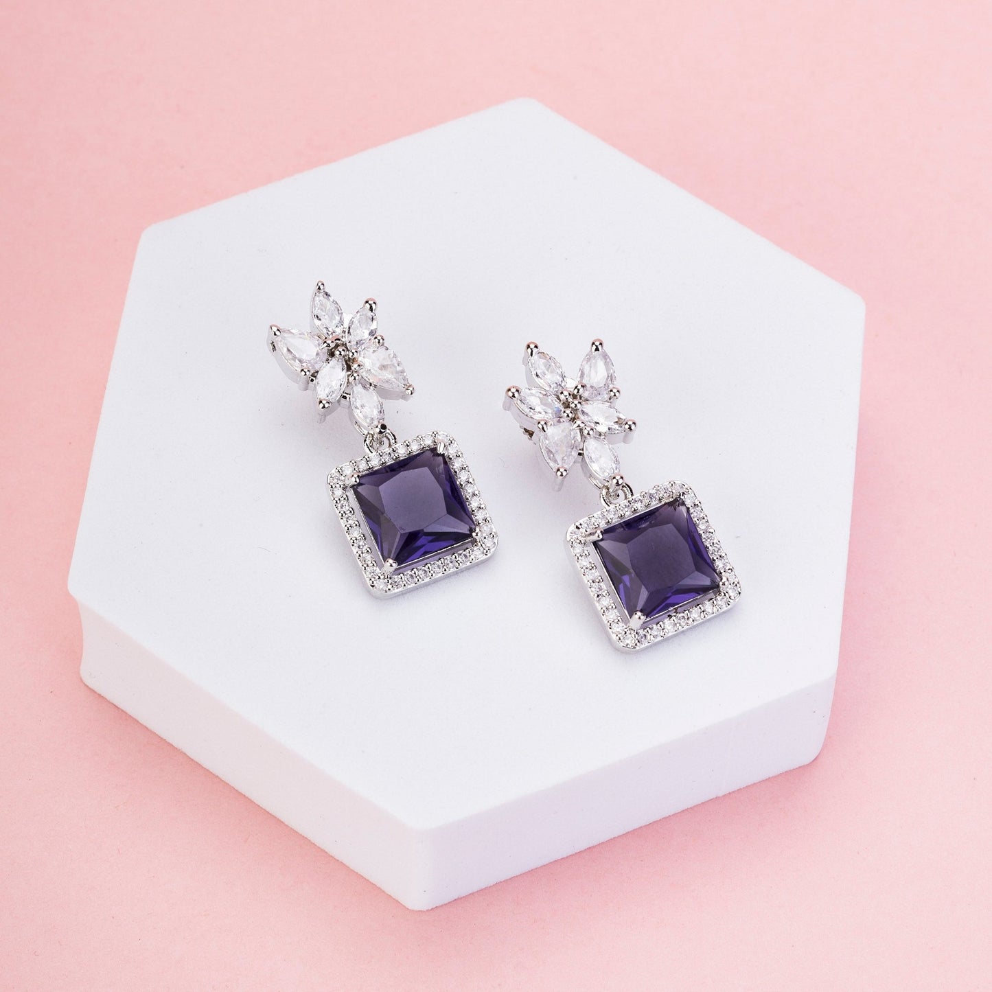 Earrings - Floral Square Dewdrops - Opal Touch