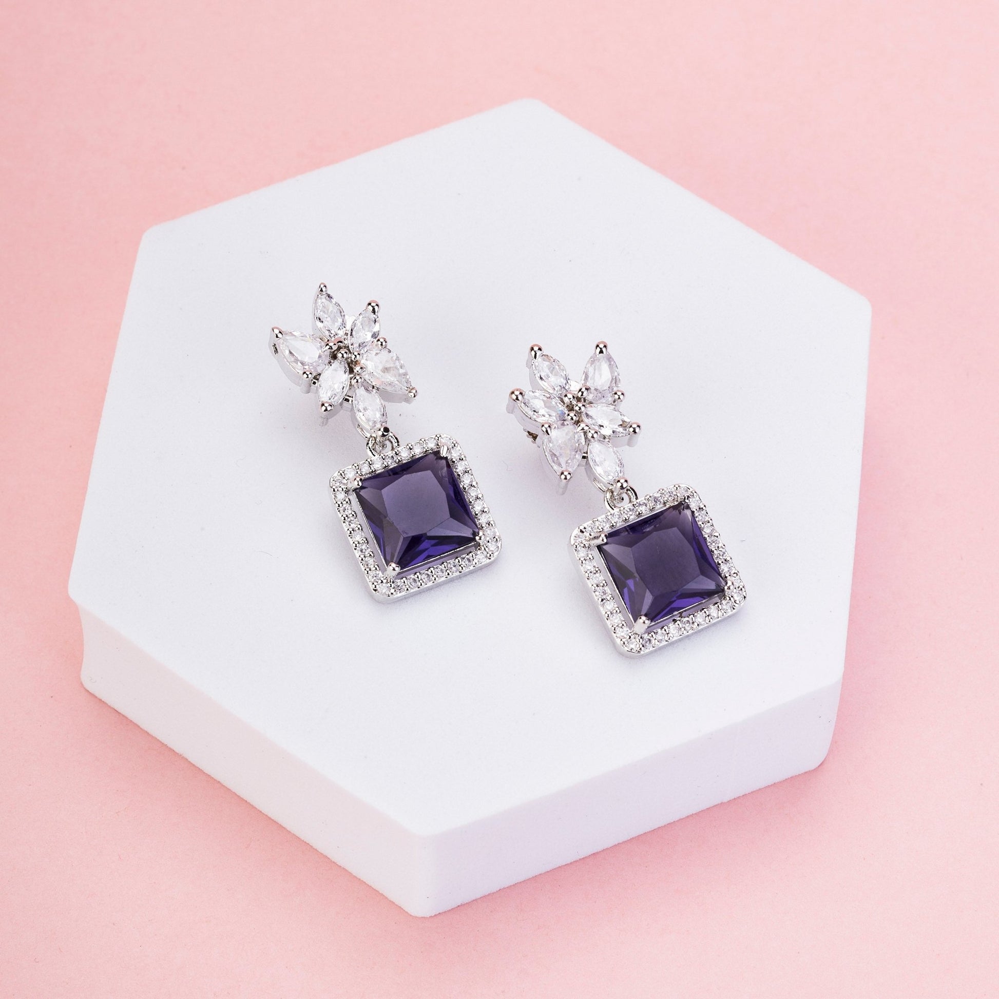 Earrings - Floral Square Dewdrops - Opal Touch