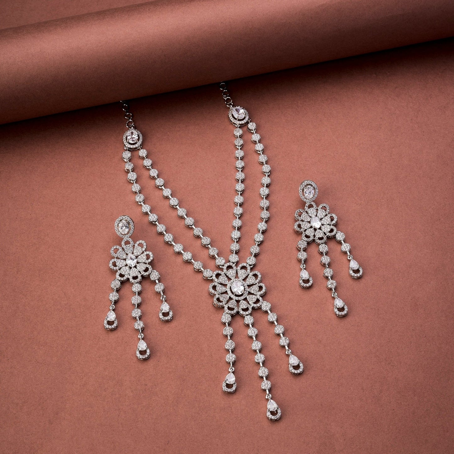 Necklace - Floral Trellis Rhodium Plated Necklace - Opal Touch