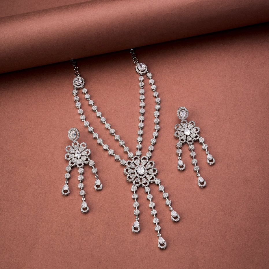 Necklace - Floral Trellis Rhodium Plated Necklace - Opal Touch