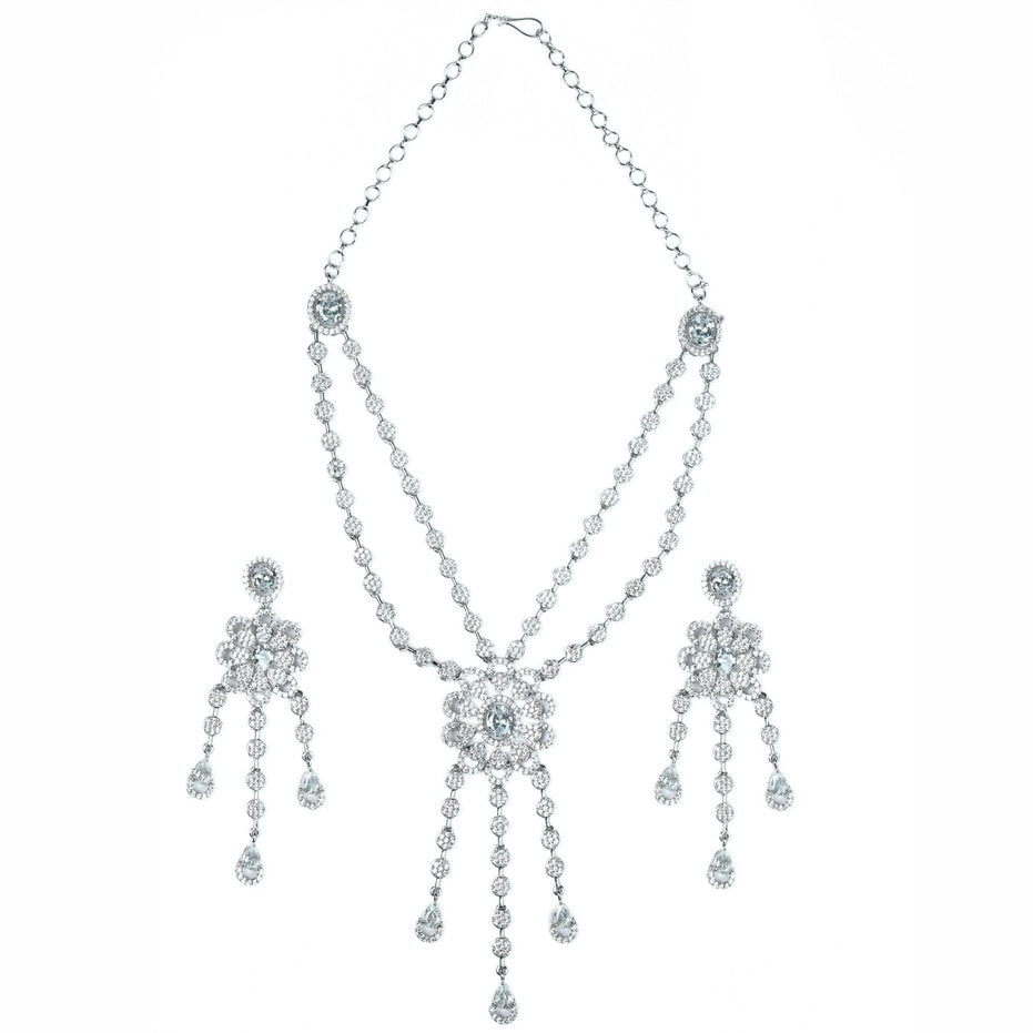 Necklace - Floral Trellis Rhodium Plated Necklace - Opal Touch