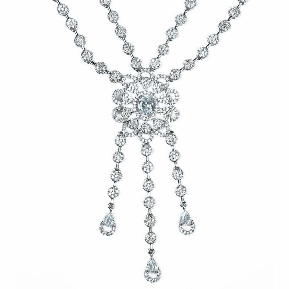 Necklace - Floral Trellis Rhodium Plated Necklace - Opal Touch