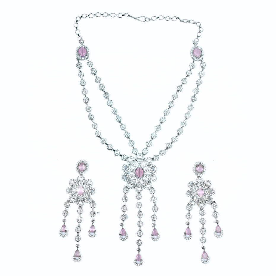 Necklace - Floral Trellis Rhodium Plated Necklace - Opal Touch