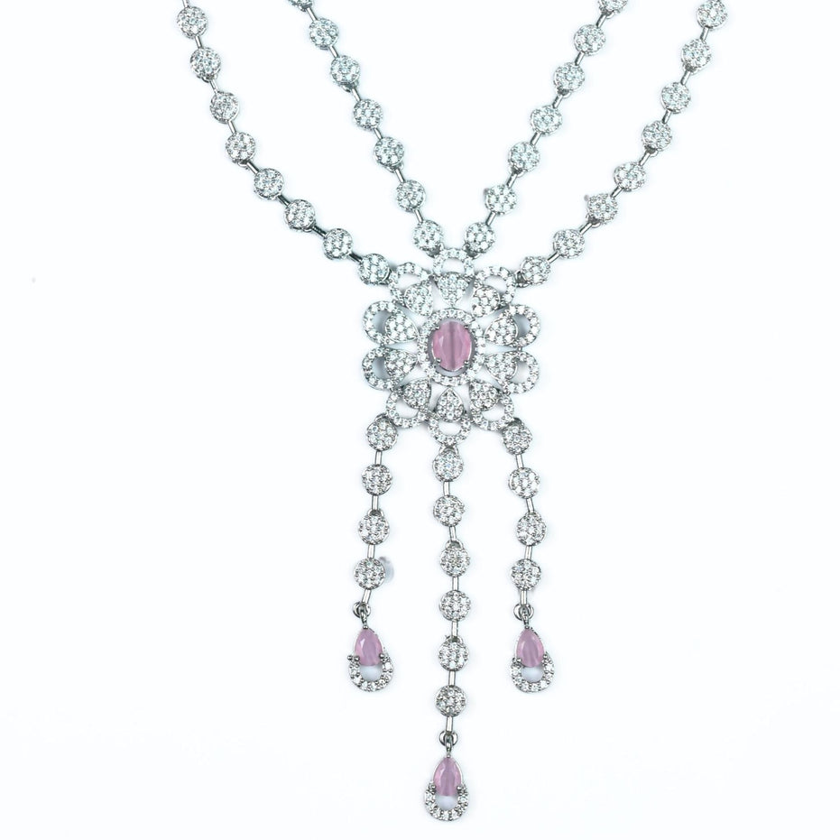 Necklace - Floral Trellis Rhodium Plated Necklace - Opal Touch