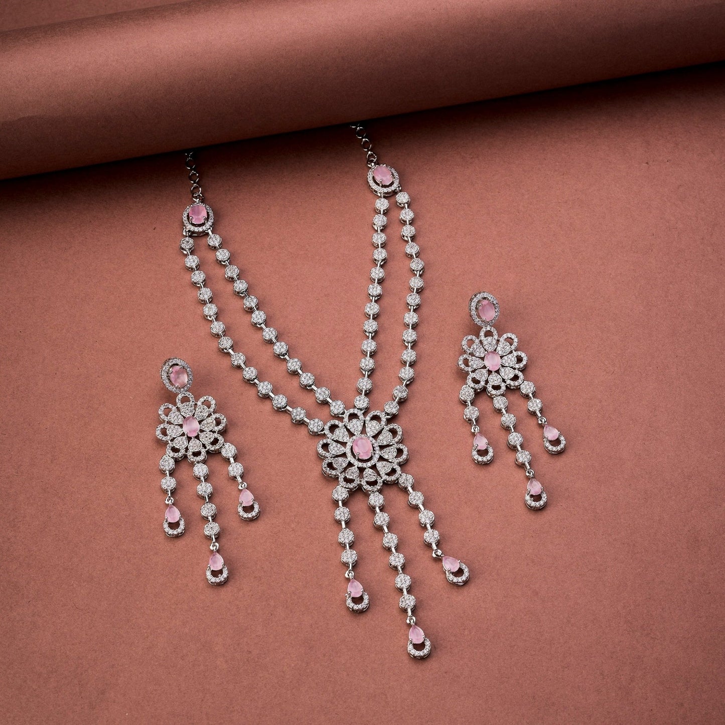 Necklace - Floral Trellis Rhodium Plated Necklace - Opal Touch