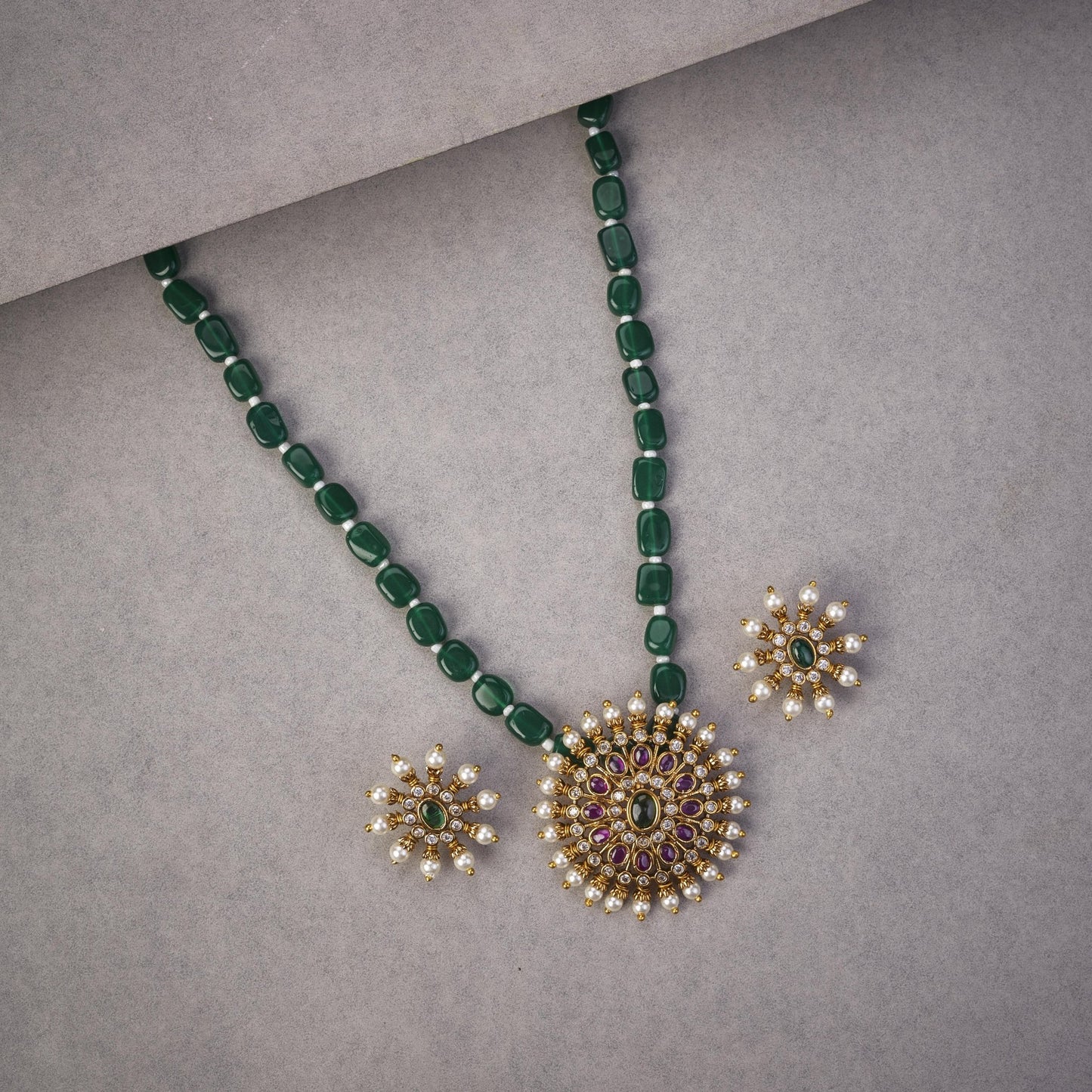 Locket Set - Floret Gloom Mehendi Plated Locket Set with Earrings - Opal Touch