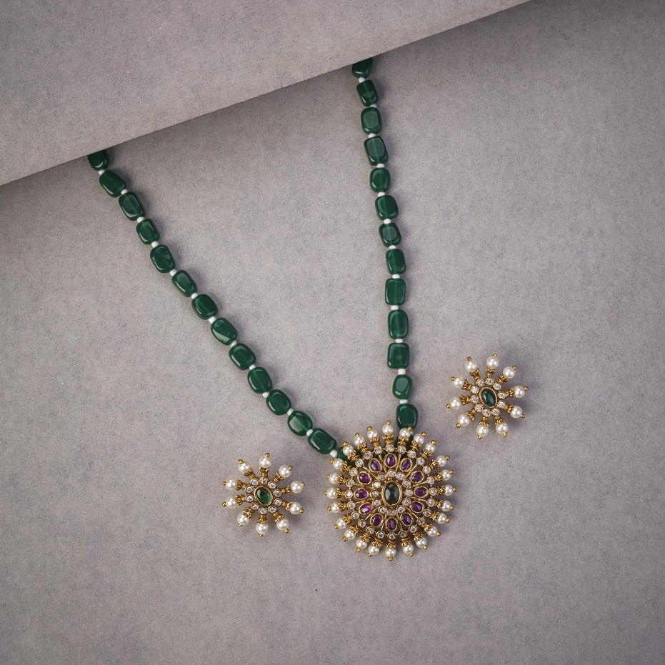 Locket Set - Floret Gloom Mehendi Plated Locket Set with Earrings - Opal Touch
