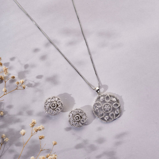 Locket Set - Frosted Fleur Rhodium Plated Locket Set - Opal Touch