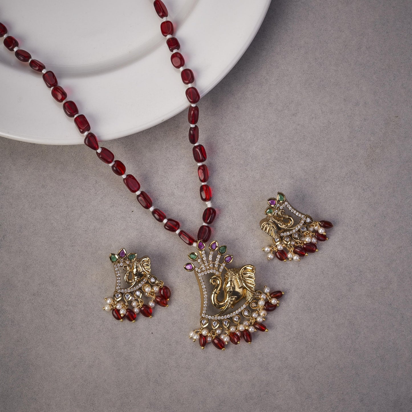 Locket Set - Ganpati Mehendi Plated Locket Set with Earrings - Opal Touch