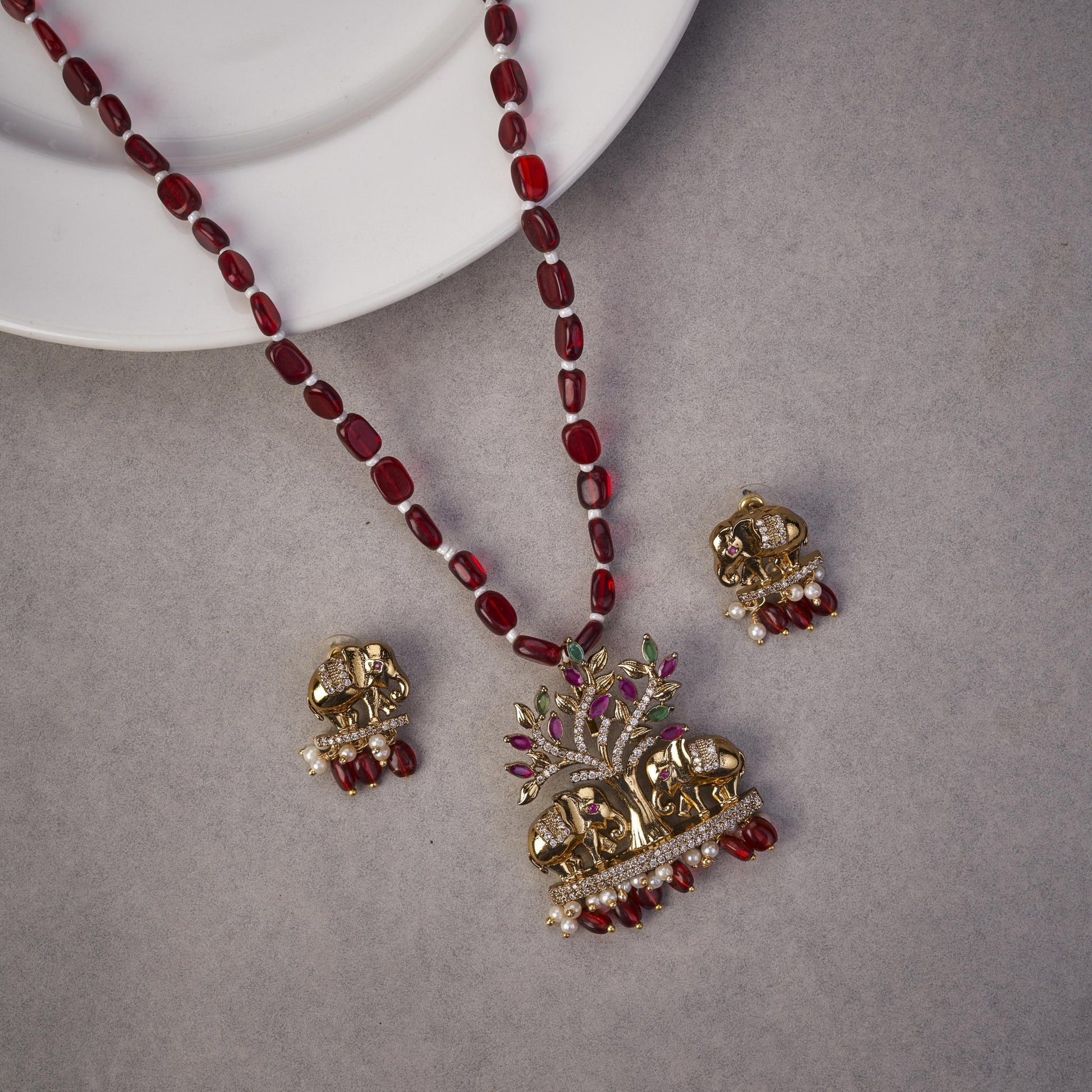 Locket Set - Garjaraj Mehendi Plated Locket Set with Earrings - Opal Touch