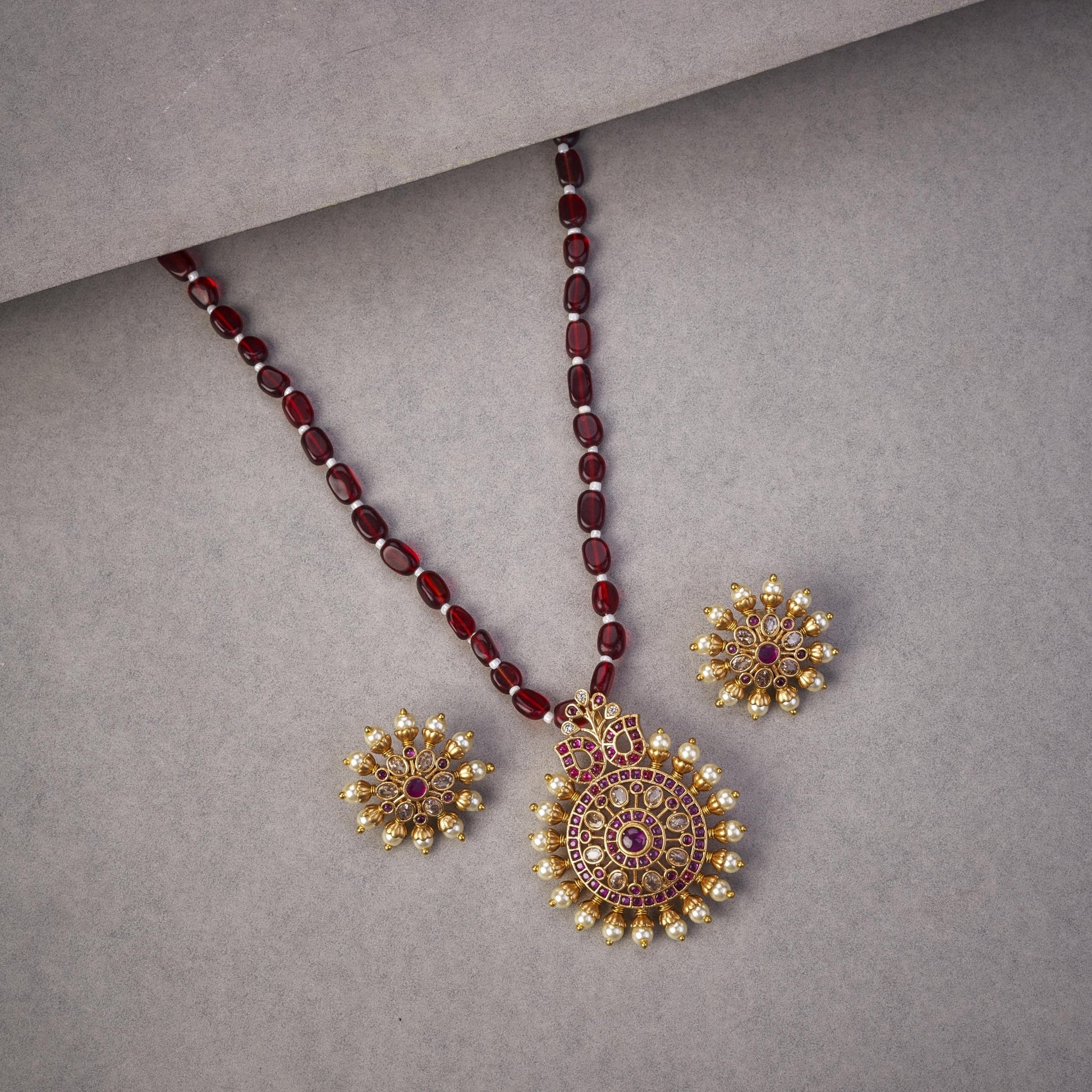 Locket Set - Garnet Glow Ensemble Mehendi Plated Locket Set with Earrings - Opal Touch