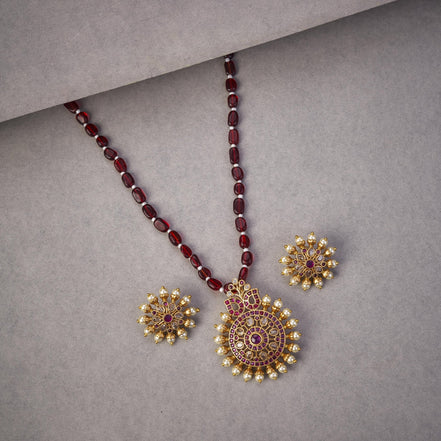 Locket Set - Garnet Glow Ensemble Mehendi Plated Locket Set with Earrings - Opal Touch