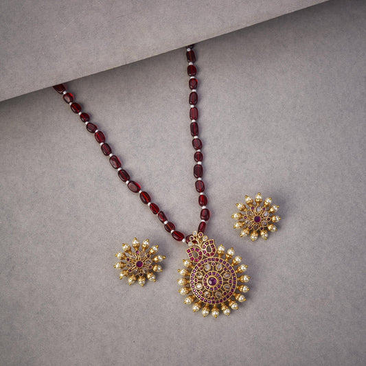Locket Set - Garnet Glow Ensemble Mehendi Plated Locket Set with Earrings - Opal Touch