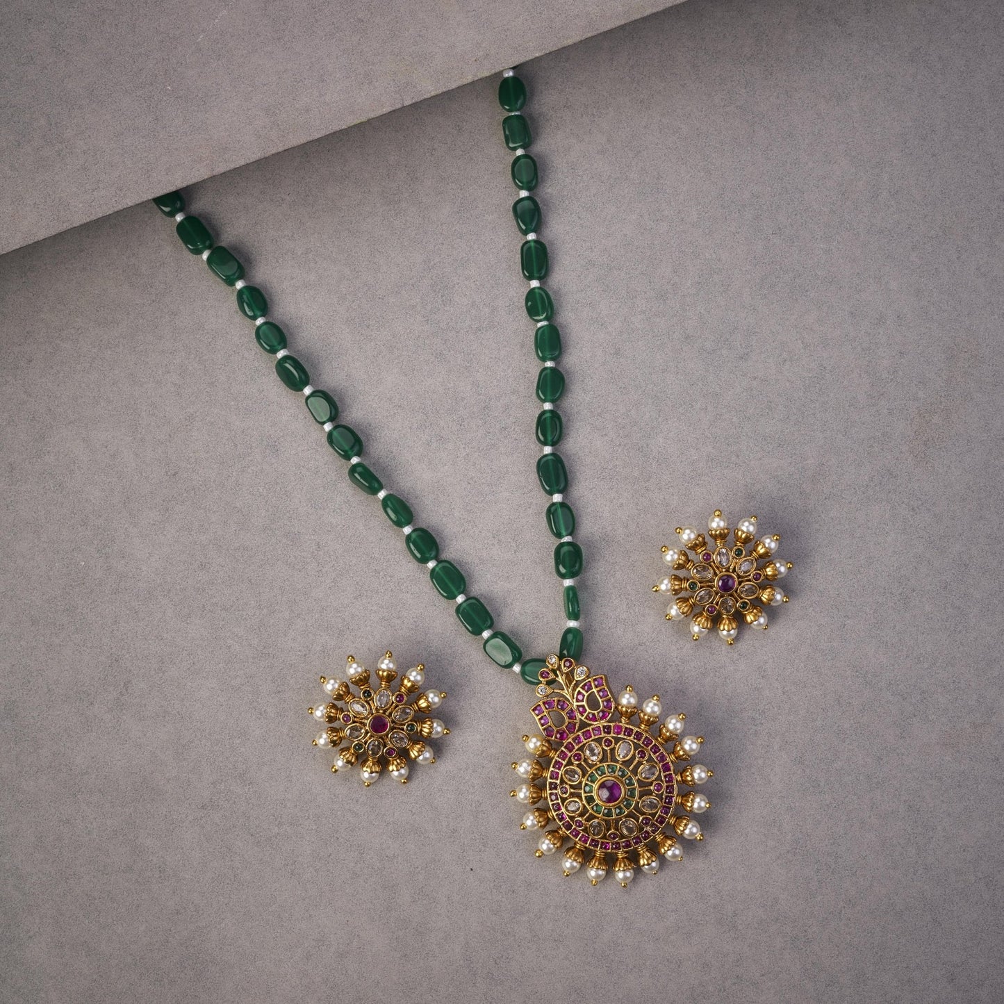 Locket Set - Garnet Glow Ensemble Mehendi Plated Locket Set with Earrings - Opal Touch