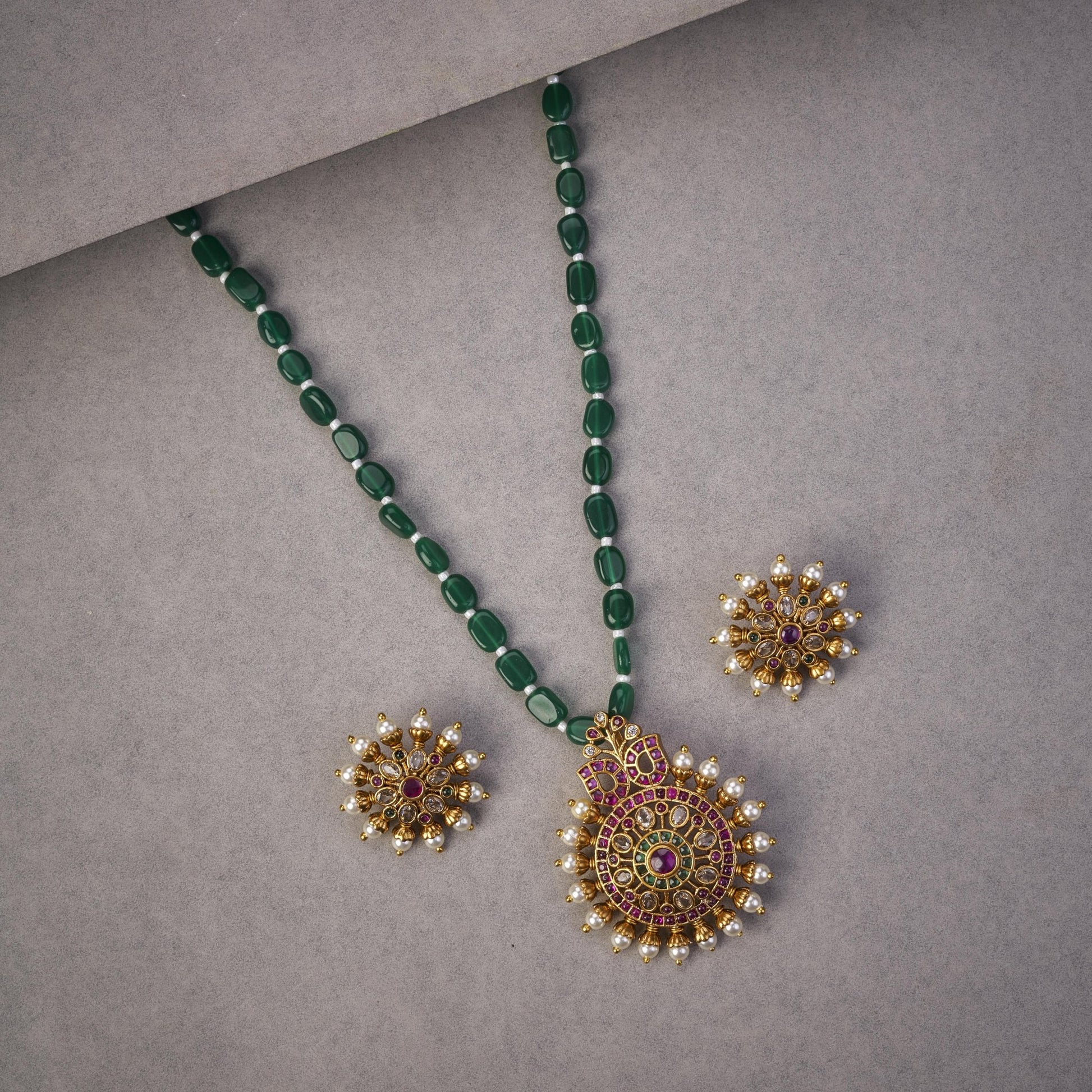 Locket Set - Garnet Glow Ensemble Mehendi Plated Locket Set with Earrings - Opal Touch