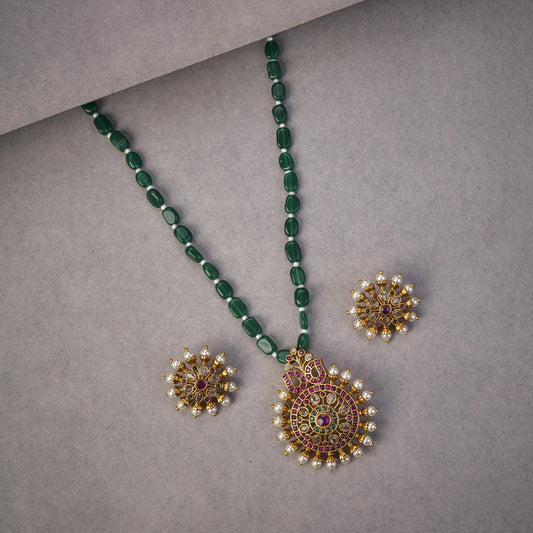 Locket Set - Garnet Glow Ensemble Mehendi Plated Locket Set with Earrings - Opal Touch