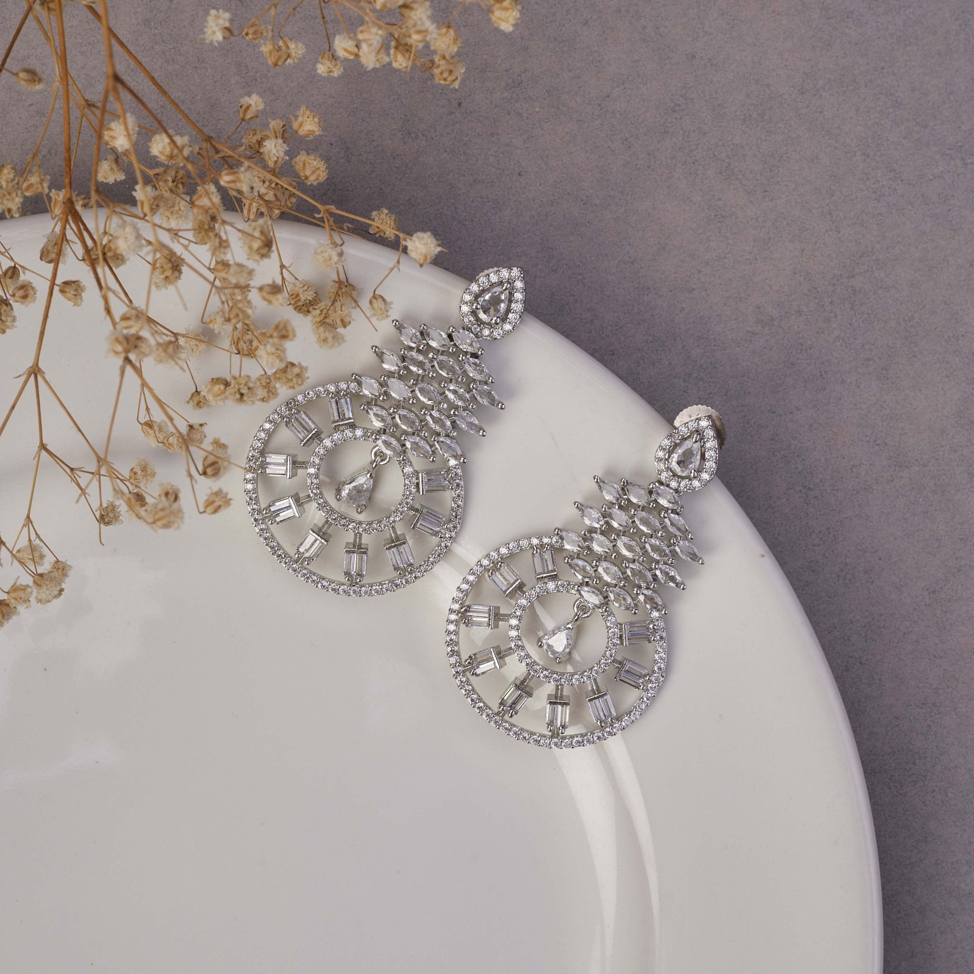 Earrings - Glamorous Circular Drop Rhodium Plated Earrings - Opal Touch