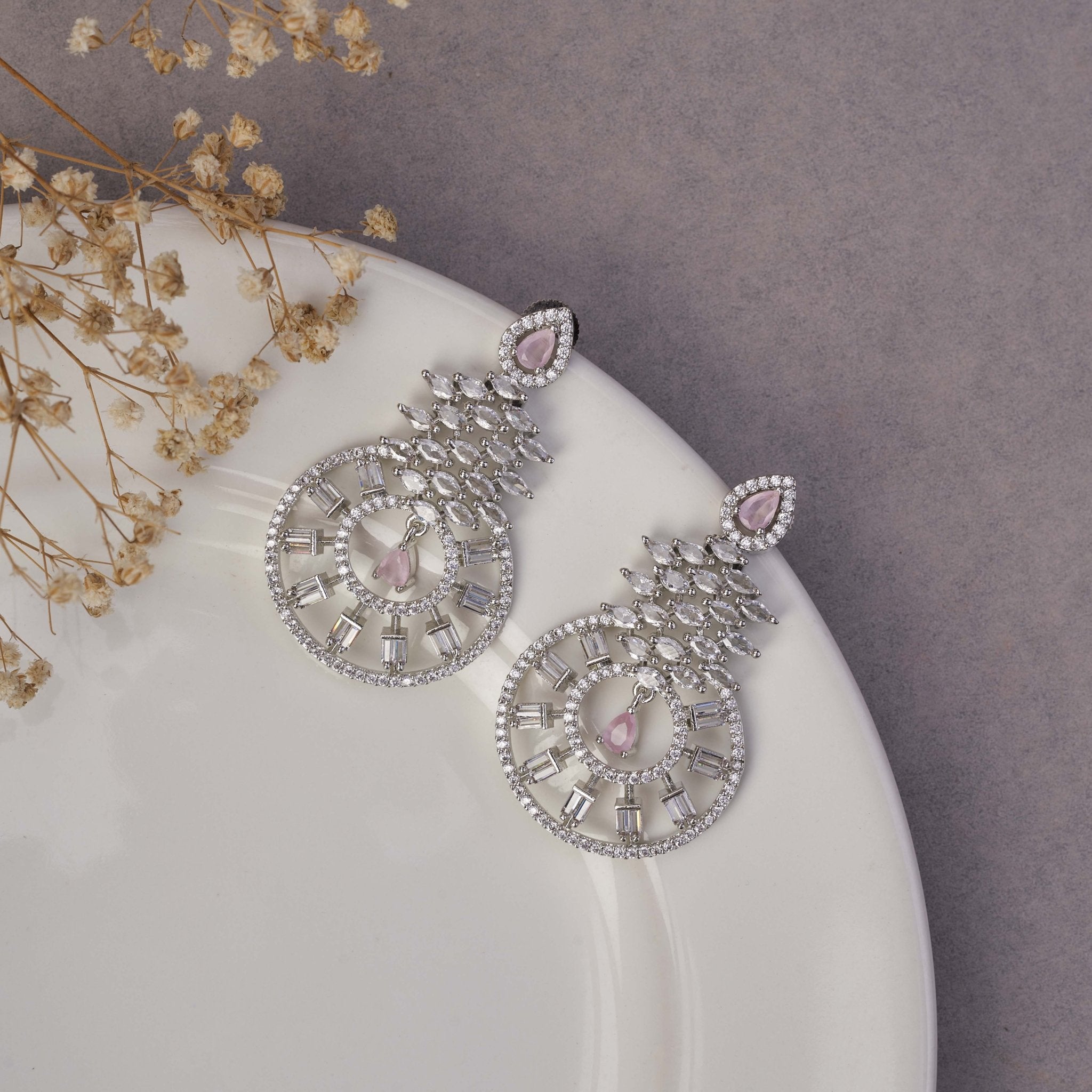 Earrings - Glamorous Circular Drop Rhodium Plated Earrings - Opal Touch