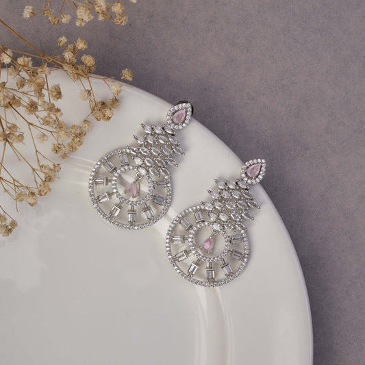 Earrings - Glamorous Circular Drop Rhodium Plated Earrings - Opal Touch