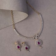 Necklace - Gleaming Teardrop Two Toned Necklace Set with Designer Earrings - Opal Touch