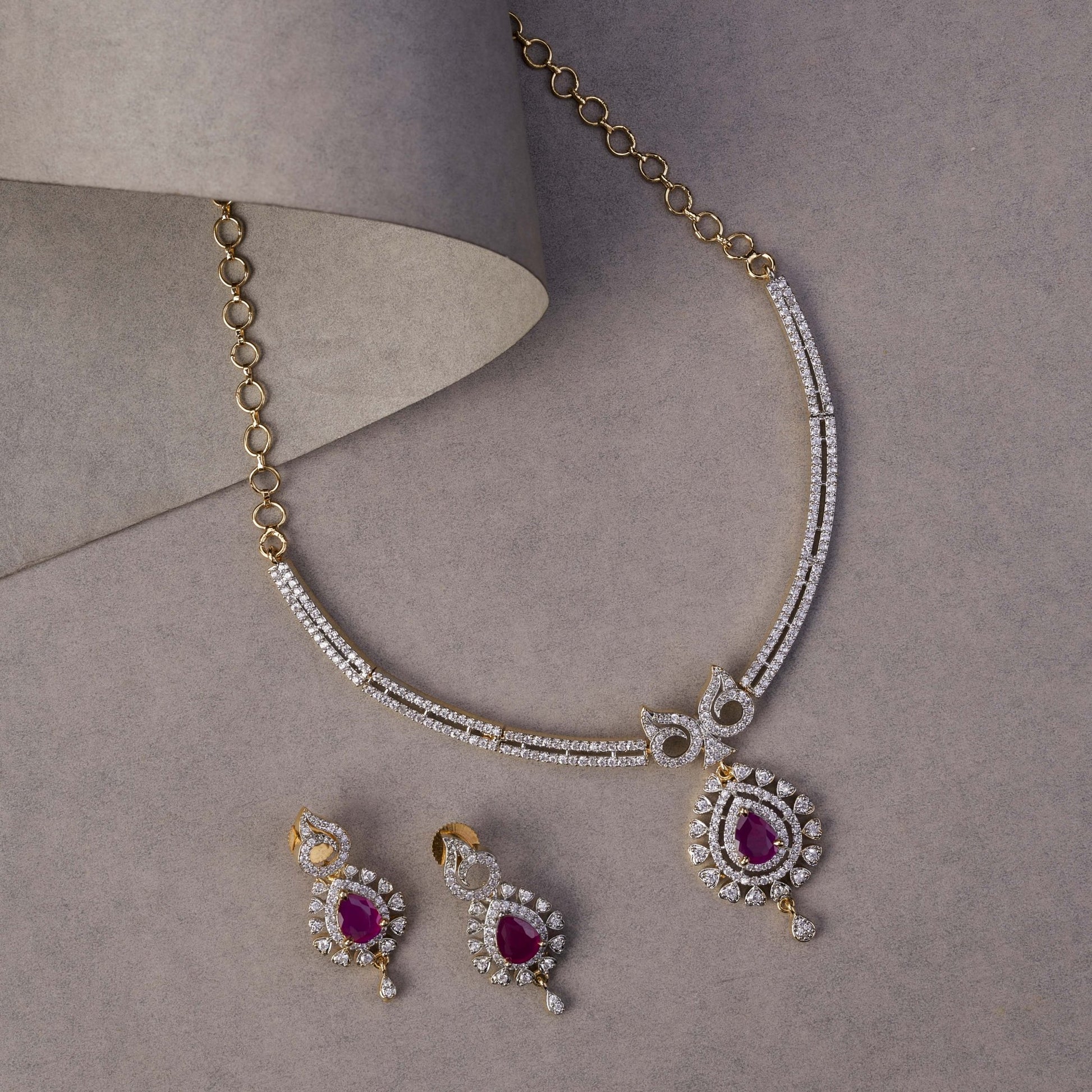 Necklace - Gleaming Teardrop Two Toned Necklace Set with Designer Earrings - Opal Touch