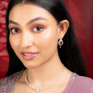 Necklace - Gleaming Teardrop Two Toned Necklace Set with Designer Earrings - Opal Touch
