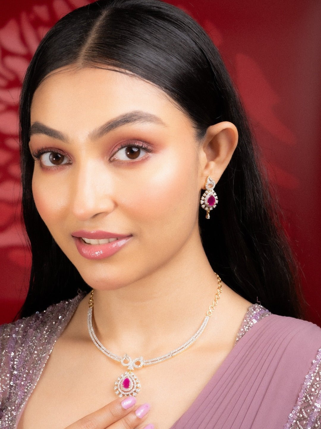 Necklace - Gleaming Teardrop Two Toned Necklace Set with Designer Earrings - Opal Touch