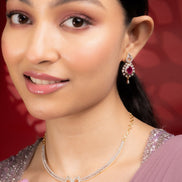 Necklace - Gleaming Teardrop Two Toned Necklace Set with Designer Earrings - Opal Touch