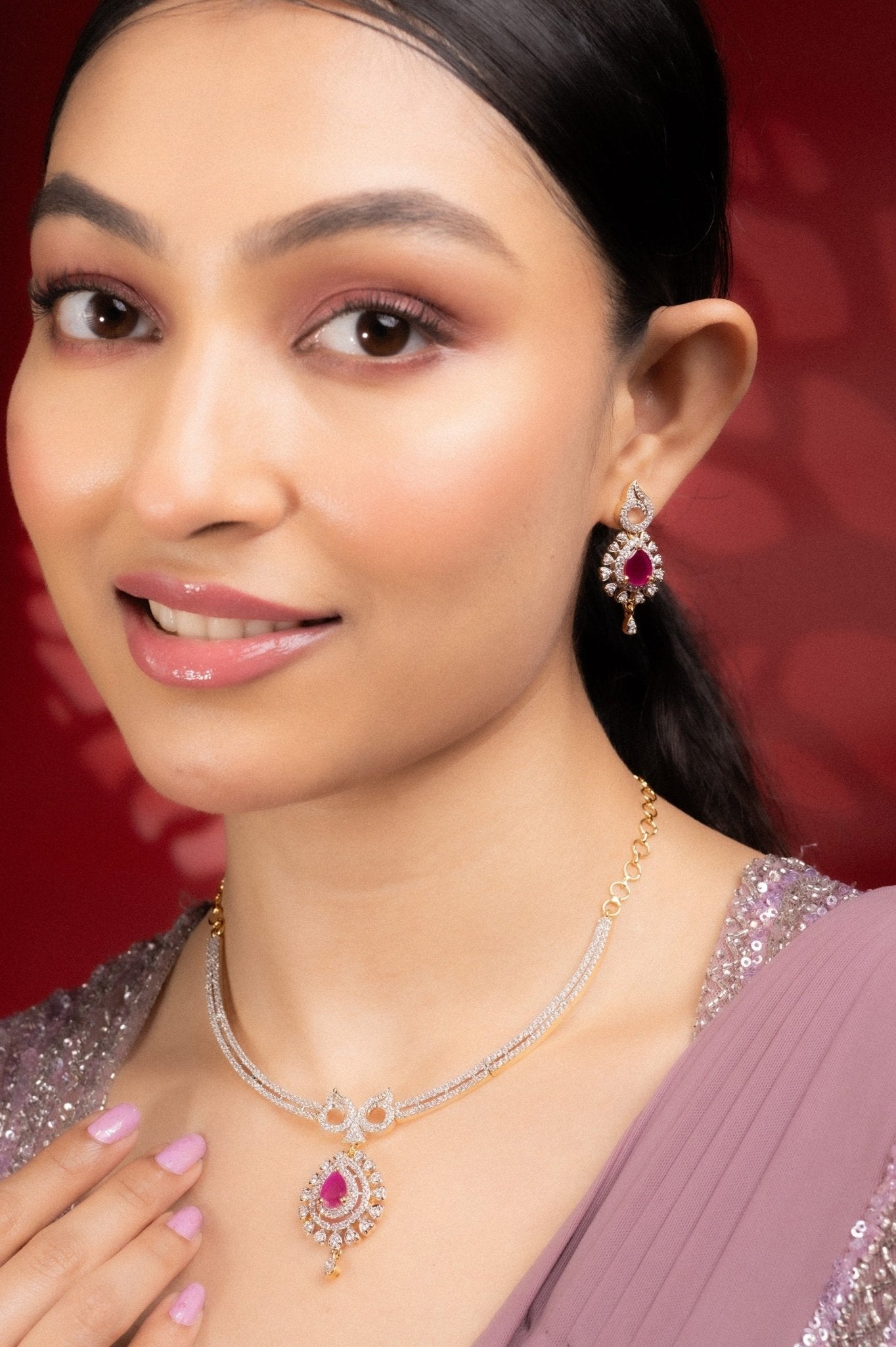 Necklace - Gleaming Teardrop Two Toned Necklace Set with Designer Earrings - Opal Touch