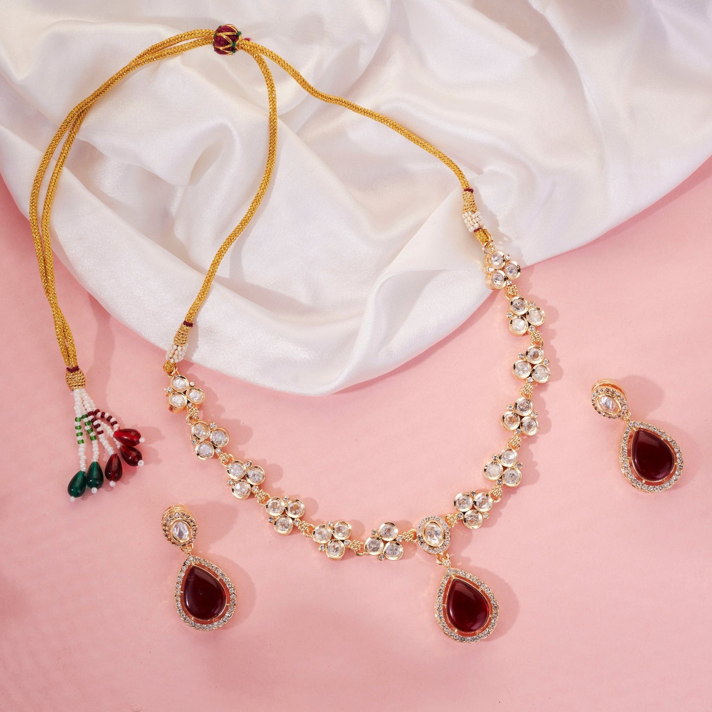 Necklace - Gold - Plated American Diamond & Ruby - Colored Necklace Set - Opal Touch