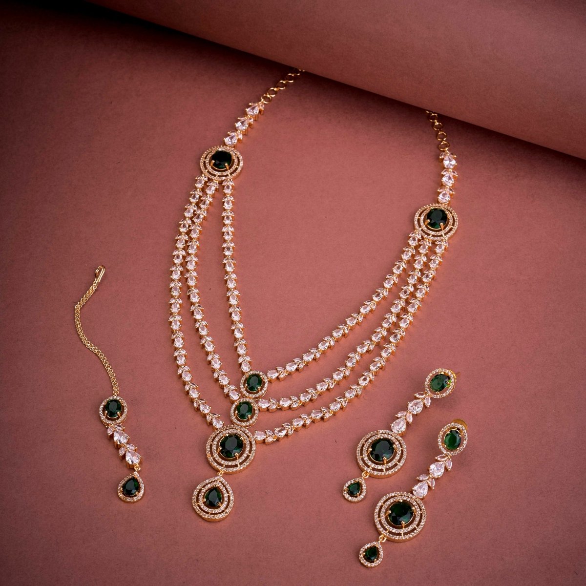 Gold Plated Bridal Necklace with Maang Tikka - Opal Touch