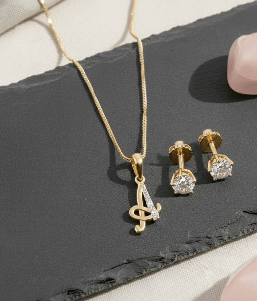 Gold - Plated Cubic Zirconia Initial A Pendant Necklace and Stud Earring Set - Opal Touch