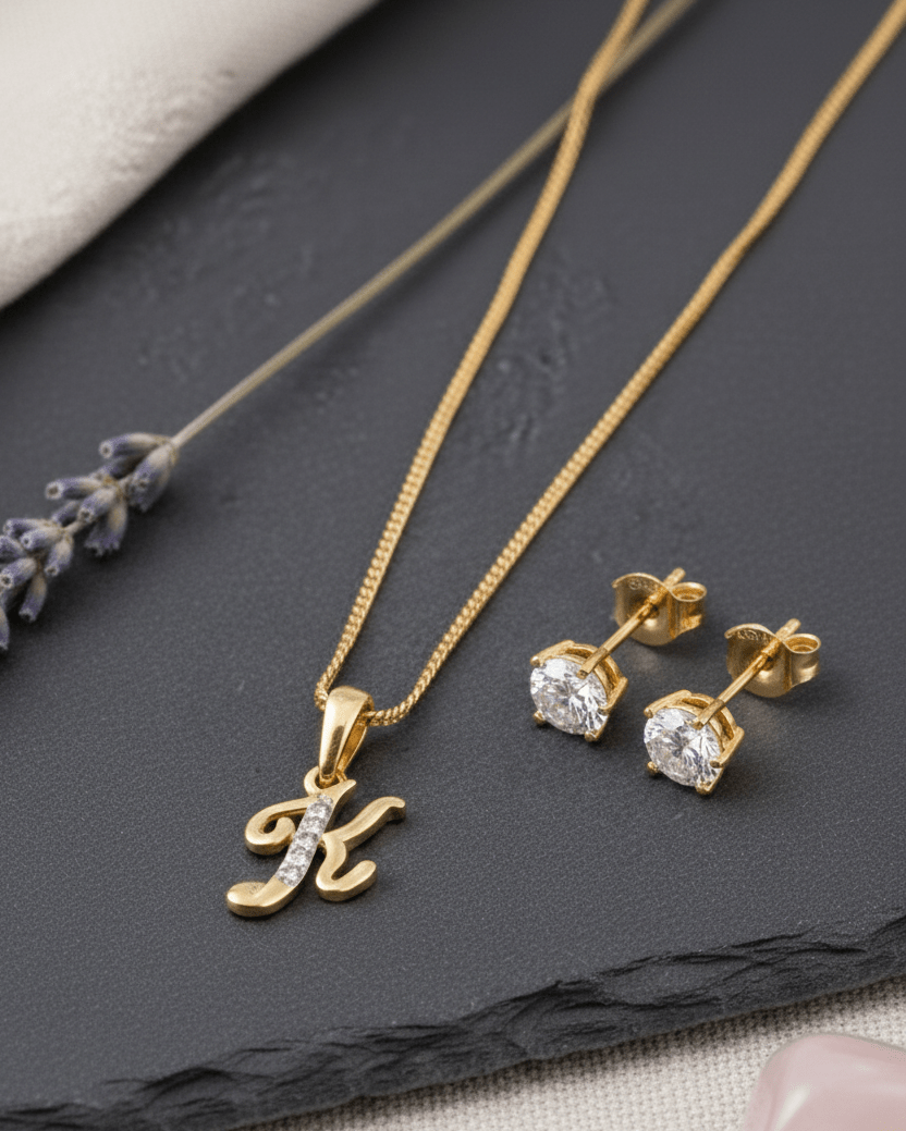 Gold - Plated Cubic Zirconia Initial K Pendant Necklace and Stud Earring Set - Opal Touch