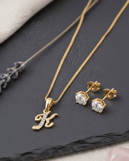 Gold - Plated Cubic Zirconia Initial K Pendant Necklace and Stud Earring Set - Opal Touch