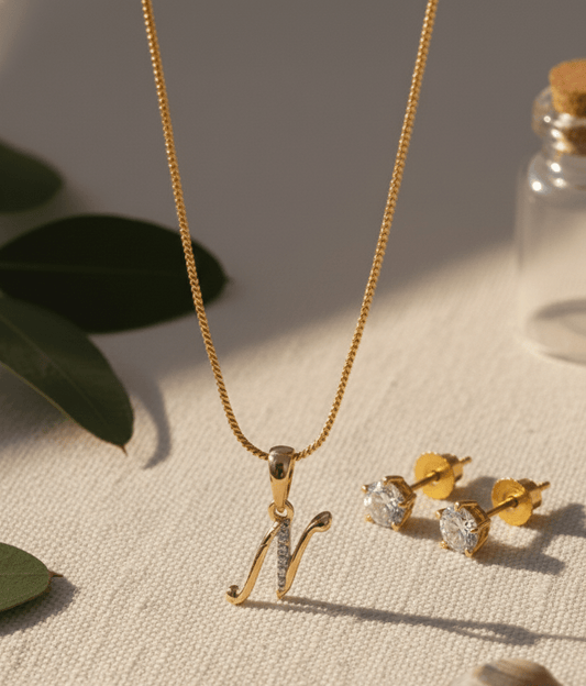 Gold - Plated Cubic Zirconia Initial N Pendant Necklace and Stud Earring Set - Opal Touch