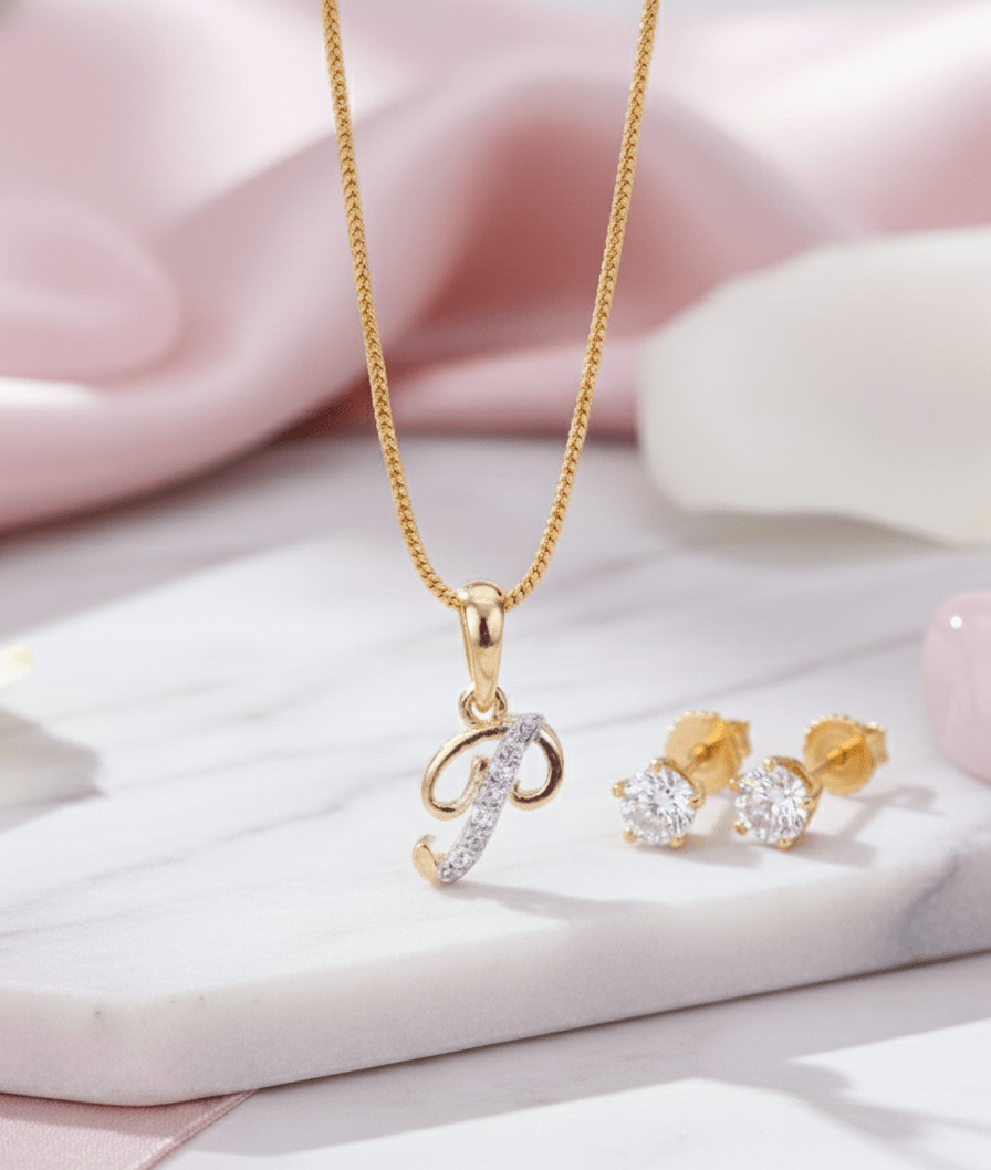 Gold - Plated Cubic Zirconia Initial P Pendant Necklace and Stud Earring Set - Opal Touch