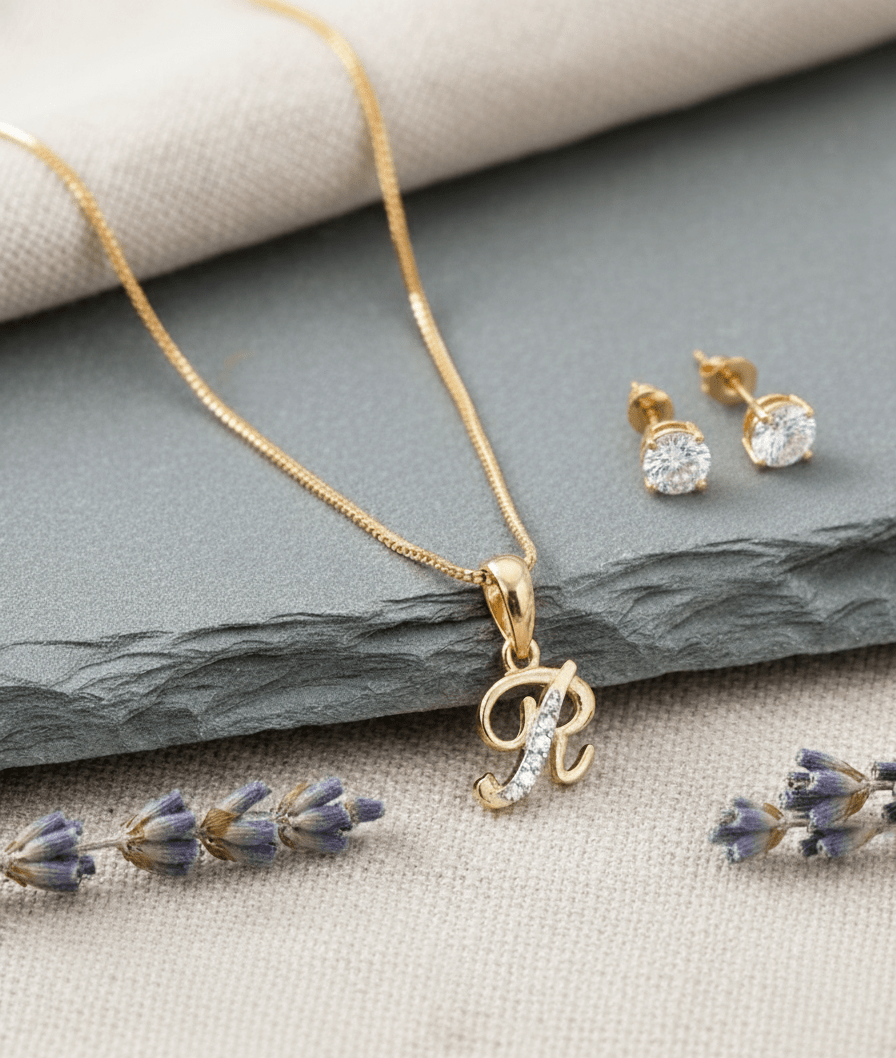 Gold - Plated Cubic Zirconia Initial R Pendant Necklace and Stud Earring Set - Opal Touch