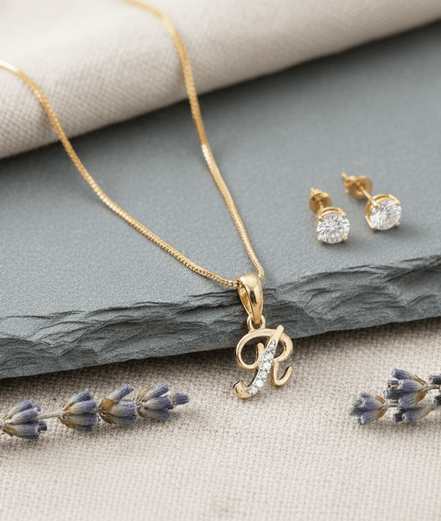 Gold - Plated Cubic Zirconia Initial R Pendant Necklace and Stud Earring Set - Opal Touch