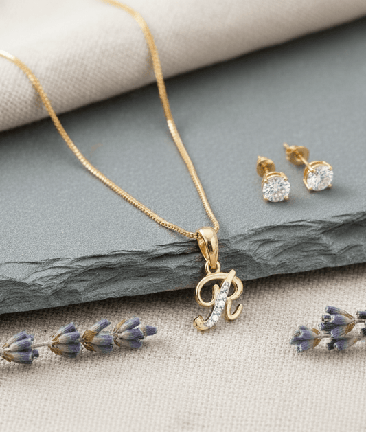 Gold - Plated Cubic Zirconia Initial R Pendant Necklace and Stud Earring Set - Opal Touch