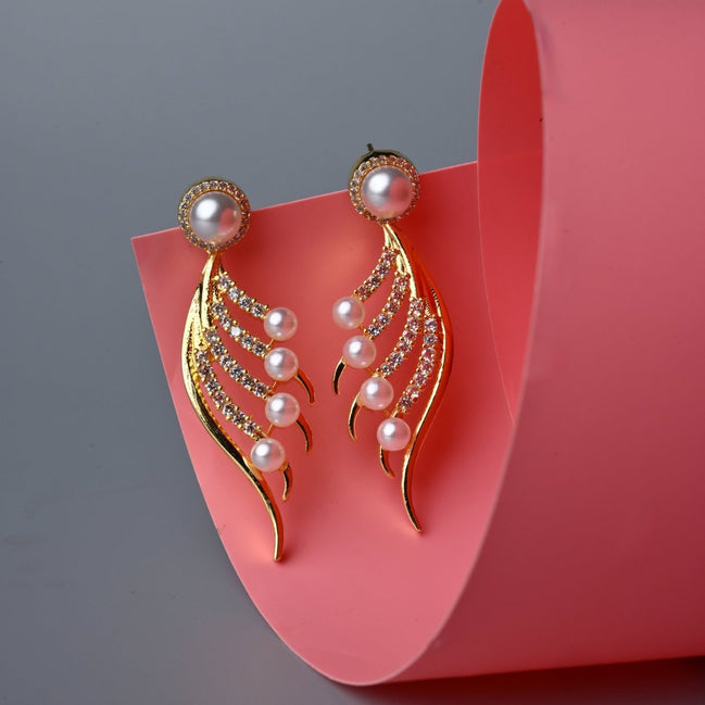 Gold - Plated Cubic Zirconia & Pearl Feather Earrings - Opal Touch
