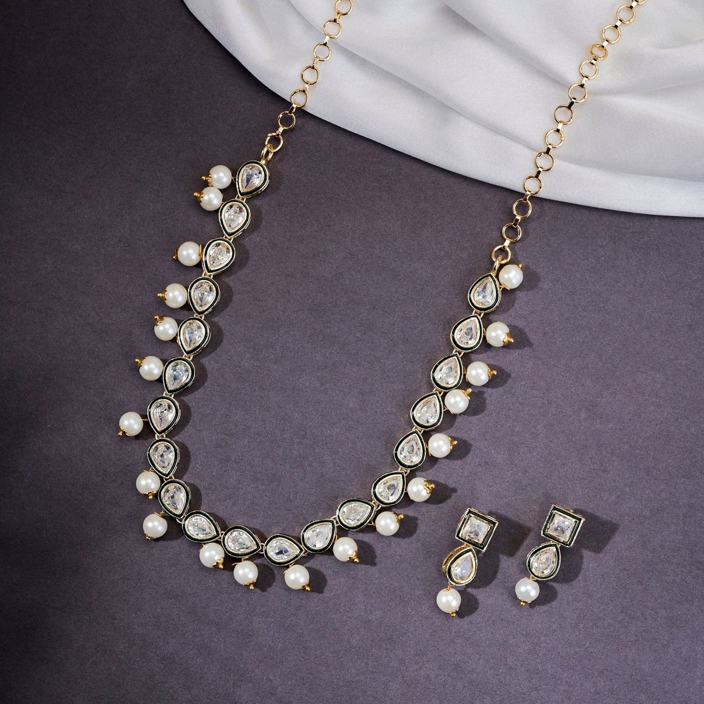 Necklace - Gold Plated Kundan & Pearl Necklace Set with Earrings - Opal Touch