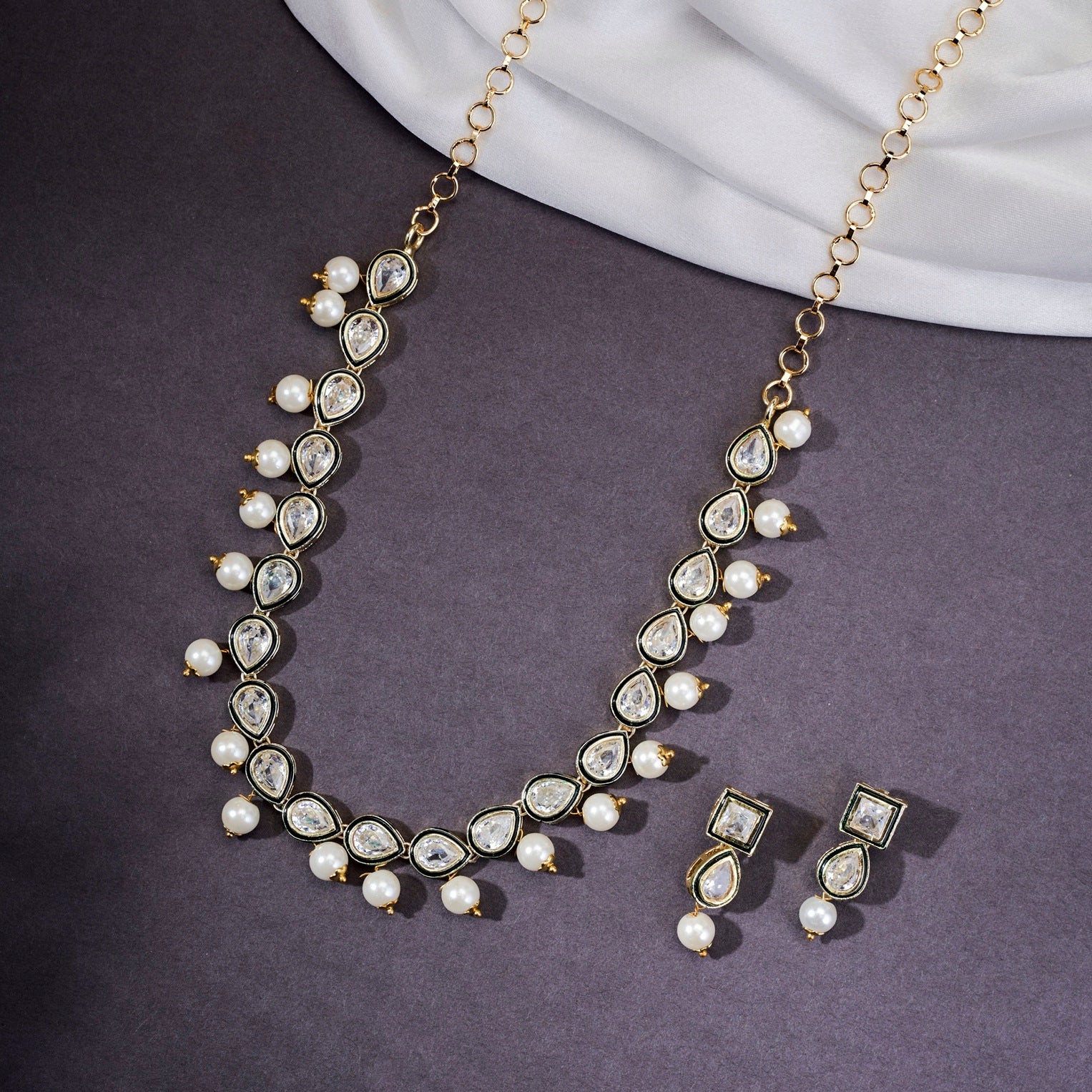 Necklace - Gold Plated Kundan & Pearl Necklace Set with Earrings - Opal Touch