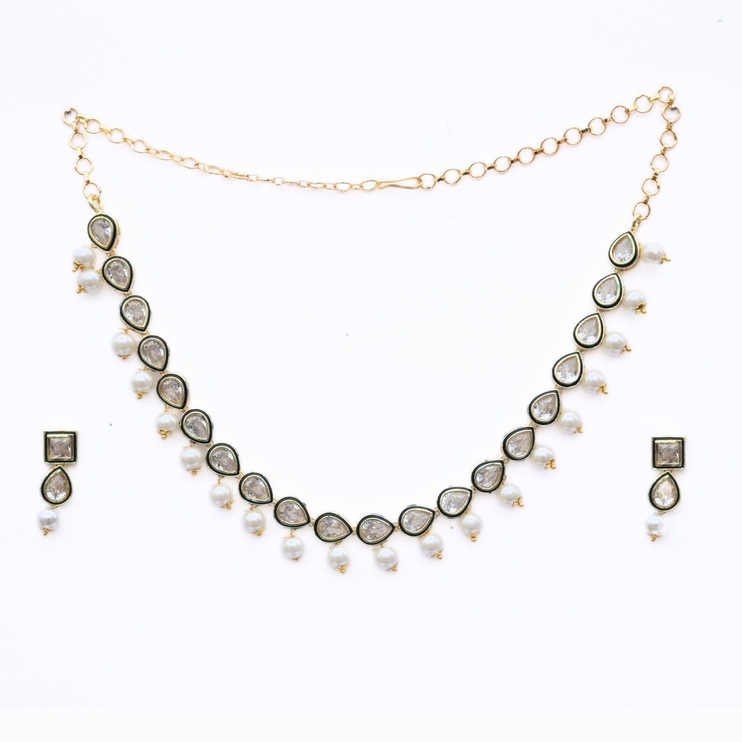 Necklace - Gold Plated Kundan & Pearl Necklace Set with Earrings - Opal Touch