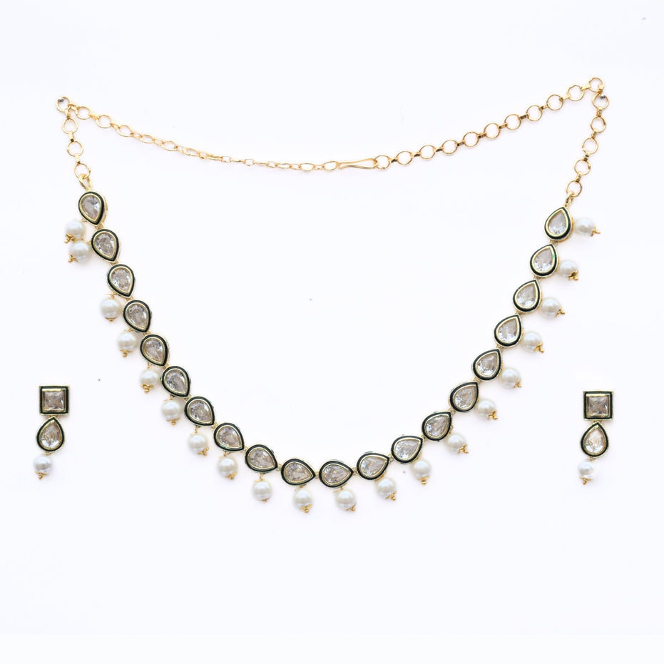 Necklace - Gold Plated Kundan & Pearl Necklace Set with Earrings - Opal Touch