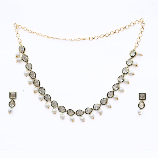 Necklace - Gold Plated Kundan & Pearl Necklace Set with Earrings - Opal Touch