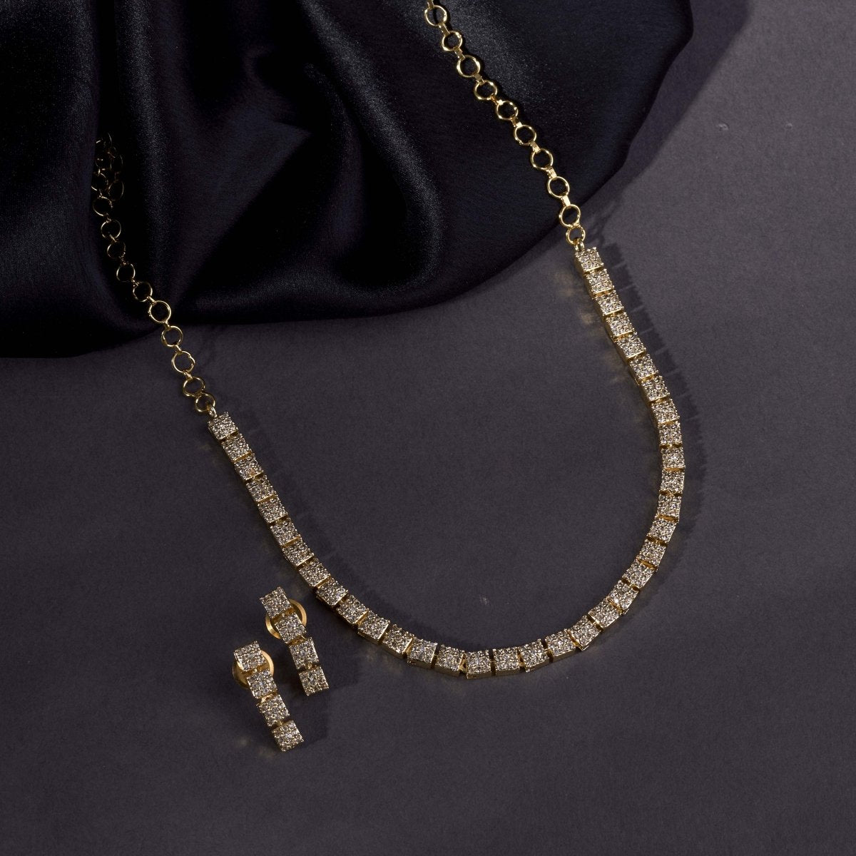 Gold Plated Necklace Earrings Set ‘Square Luxe’ Designer Jewelry with Stone Work - Opal Touch