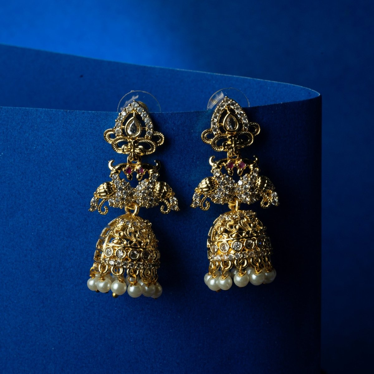 Gold Plated Peacock Jhumkas with CZ Stones and Pearls - Opal Touch