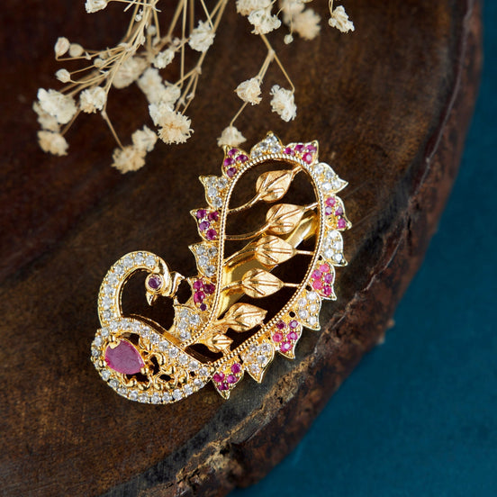 Saree Pin - Gold Plated Peacock - Shaped Saree Pin - Opal Touch