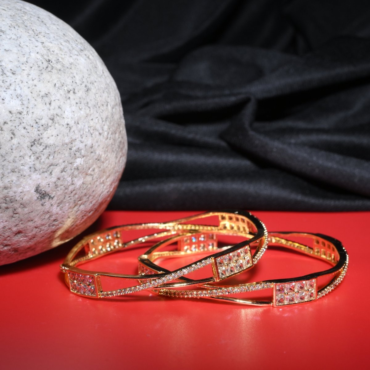 Gold Plated Rectangular Stone Studded Bangles (Pack of 2) - Opal Touch