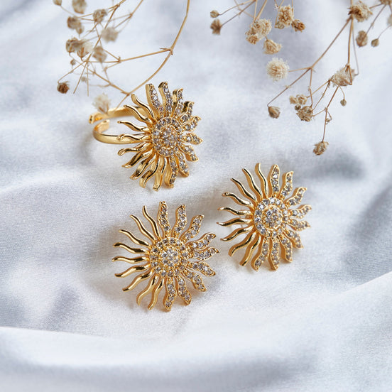 Combo - Gold Plated Sun Flare Ring & Studs Combo Set (Pack of 2) - Opal Touch